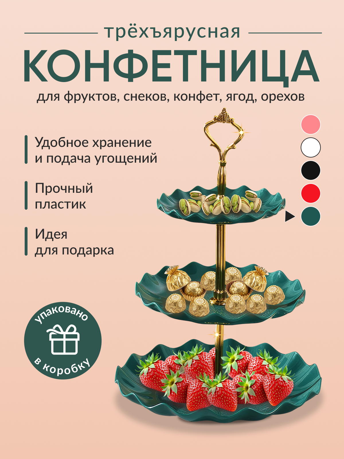 Тарелка фруктовая трехъярусная конфетница зелёная этажерка с ручкой менажница трёхэтажная