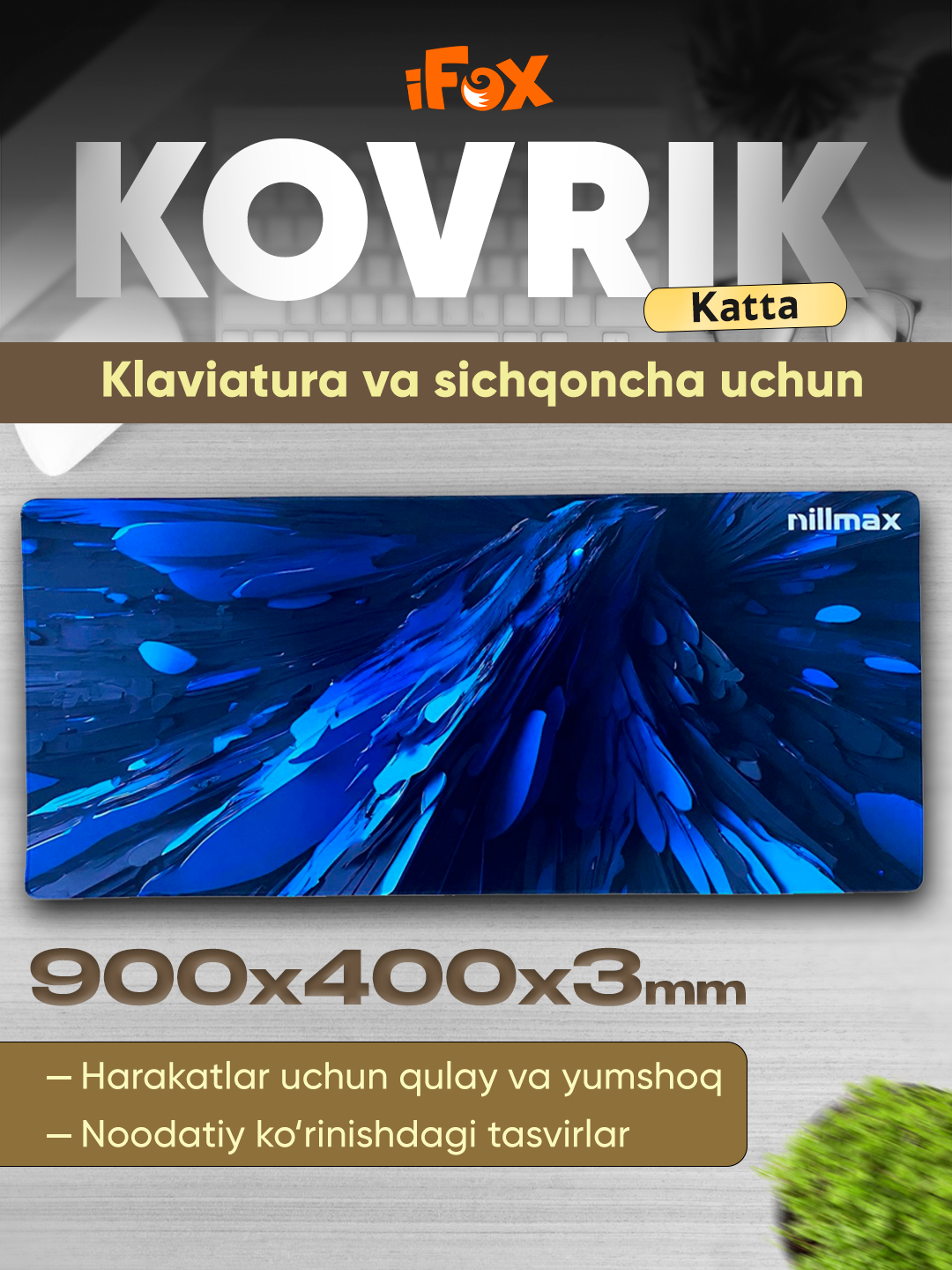 Игровой коврик Nillmax, для мыши, нескользящий, прошитые края, 90x40см
