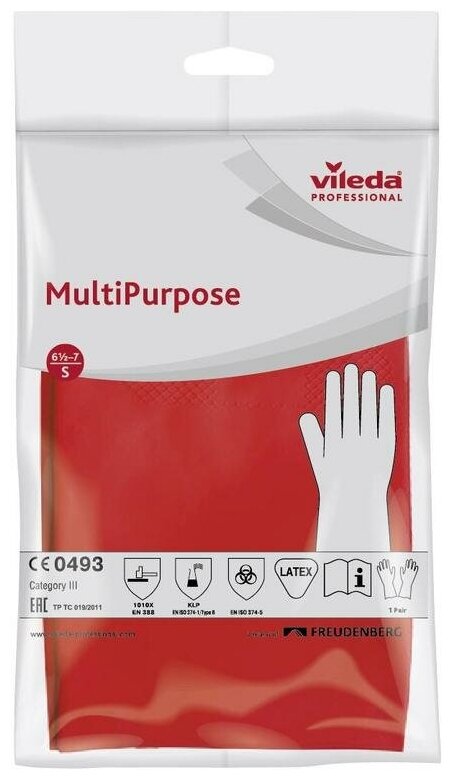 Перчатки латексные Vileda MultiPurpose, красные, размер 7 (S), 1 пара (100749)