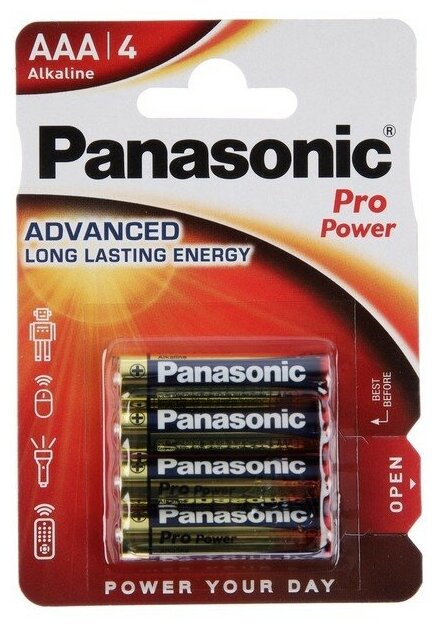 Panasonic Батарейка алкалиновая Panasonic PRO Power, AAA, LR03-4BL, 1.5В, блистер, 4 шт.