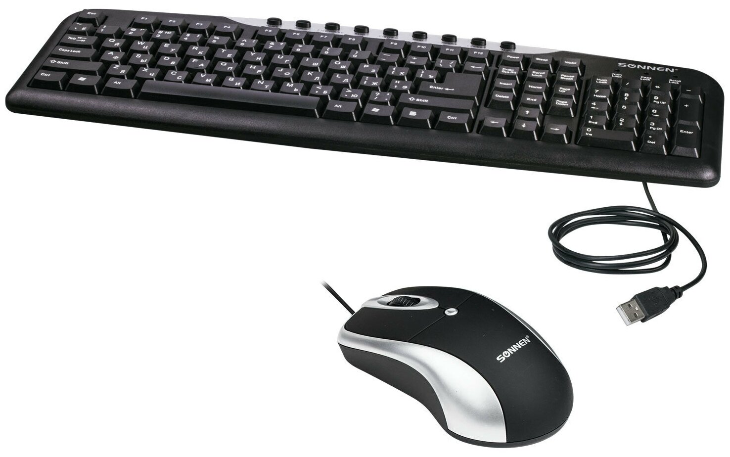 Набор проводной SONNEN KB-S110, USB, клавиатура 116 клавиш, мышь 3 кнопки, 1000 dpi, черный/серебристый, 511284 511284