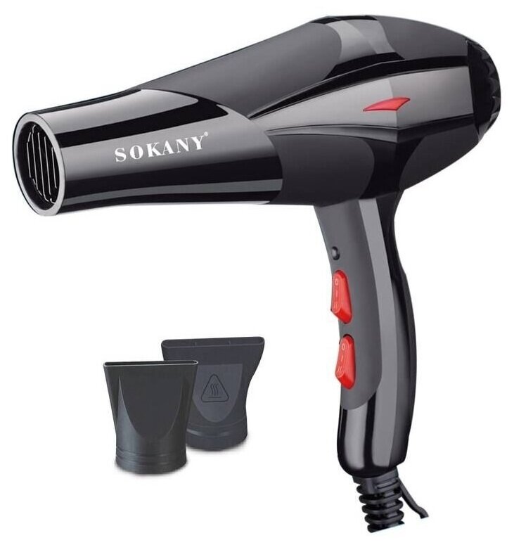 Профессиональный фен для укладки непослушных волос Hair Dryer. 2 скоростных режима, 2 насадки, Быстрая сушка, Sokany SK-3890. Черный - фотография № 7