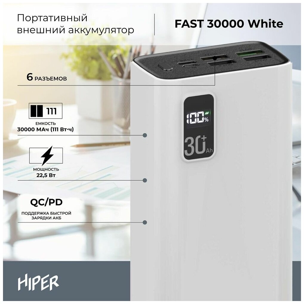 Аккумулятор внешний HIPER 10000mAh, 3A, QC, PD, 2*USB, белый - фото №8