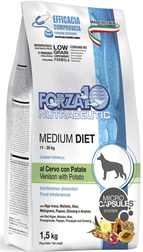 Корм сухой Forza10 "Diet" для взрослых собак средних пород, с олениной и картофелем с микрокапсулами, 1,5 кг
