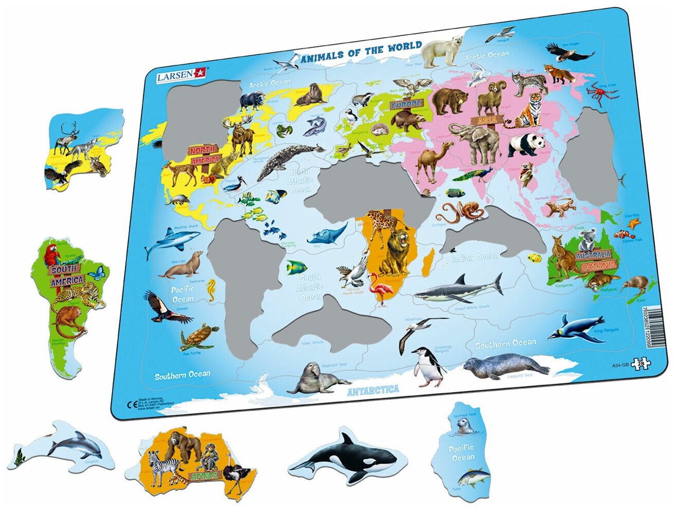 Пазл Larsen Карта мира с животными 28 деталей - фото №5