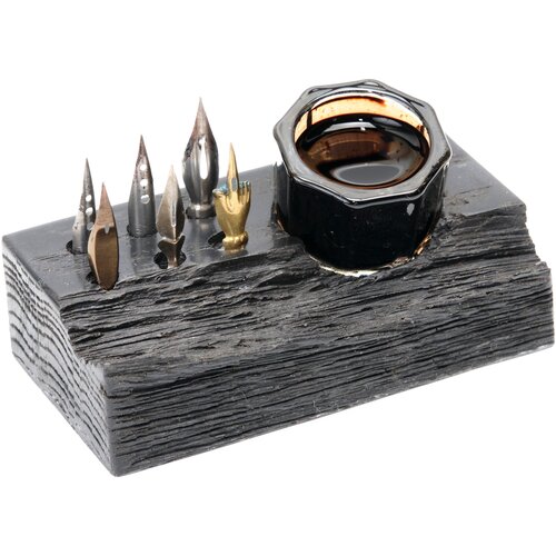 Чернильница BOG OAK со стеклянным стаканом и 6 лунками для перьев для каллиграфии