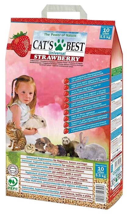 Наполнитель древесный впитывающий Cat's Best Universal, клубника, 10 л, 5,5 кг cats best .