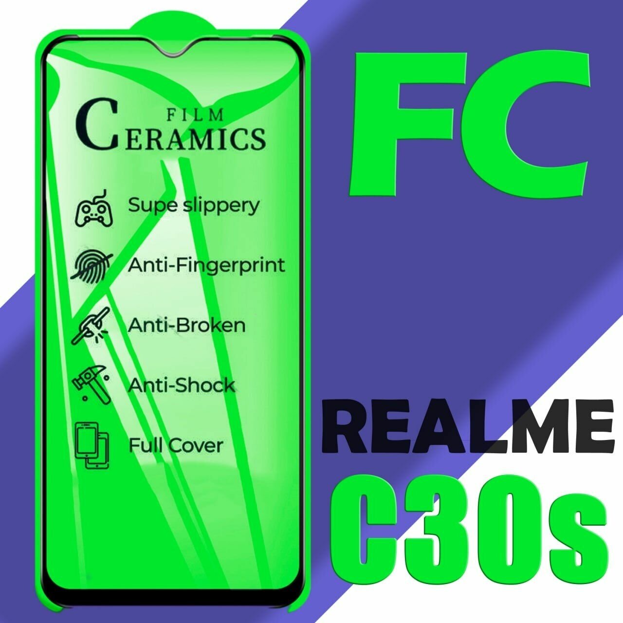 Защитное стекло для Realme C30s / Глянцевое керамическое стекло на весь экран / 1 шт