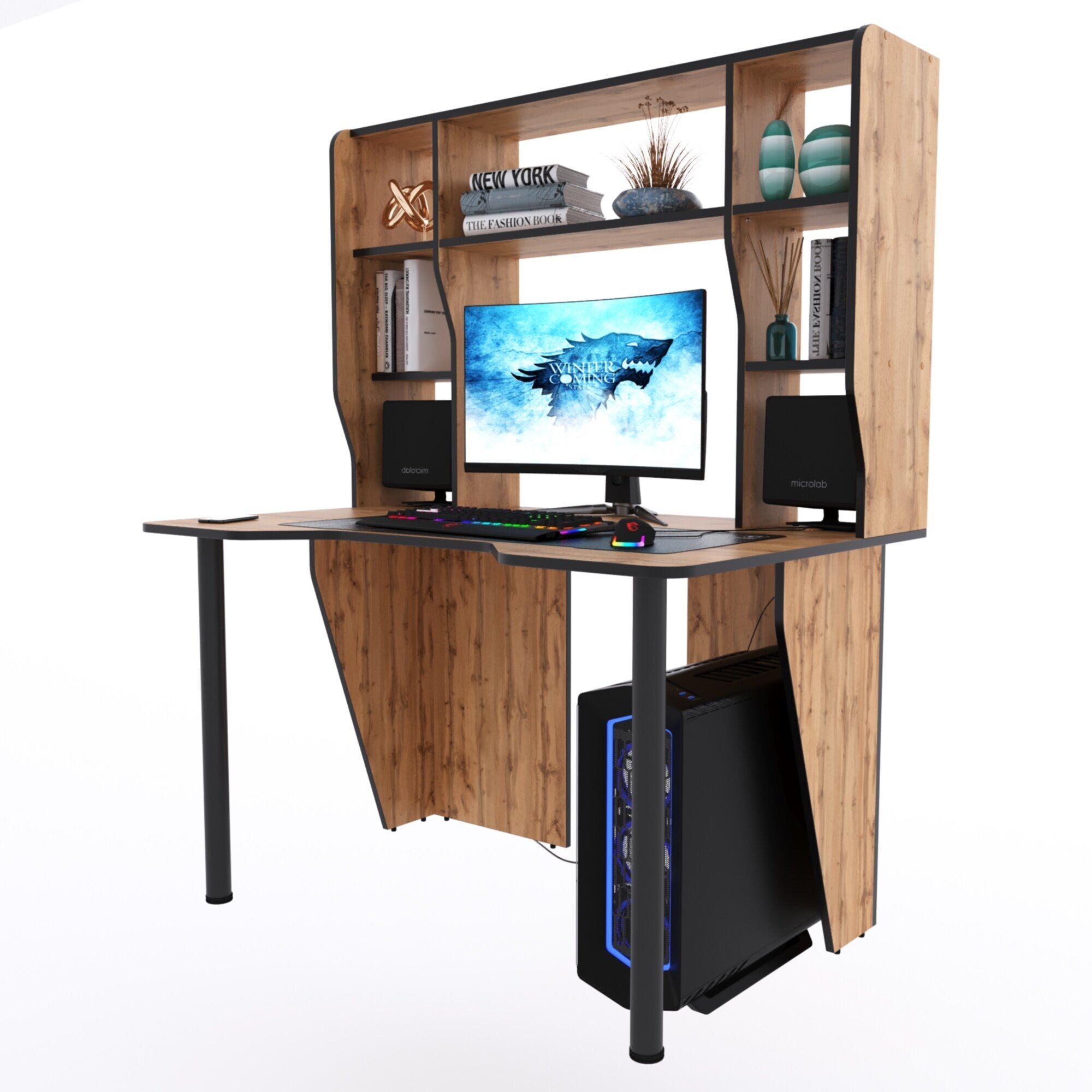 Компьютерный стол "Старк" с большой надстройкой, 140х90х152,6 см, дуб вотан с чёрной кромкой