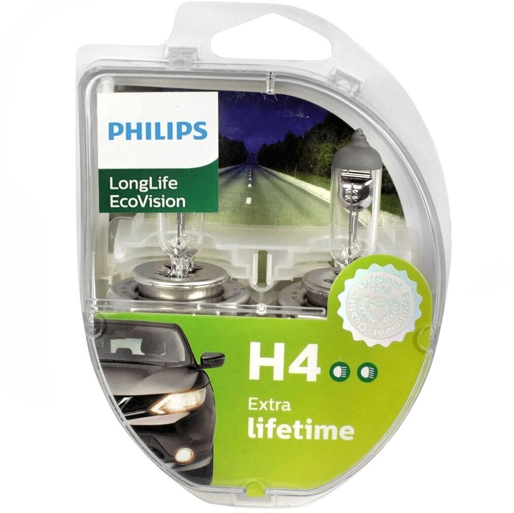 Лампа автомобильная галогенная Philips LongLife EcoVision 12342LLECOS2 H4 12V 60/55W P43t-38 3100K 2 шт.