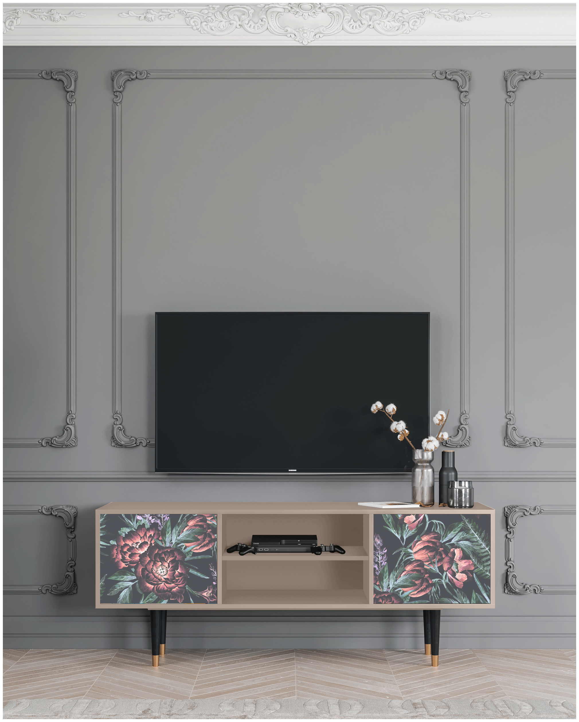 ТВ-Тумба - STORYZ - T2 Dark Peonies, 170 x 69 x 48 см, Бежевый