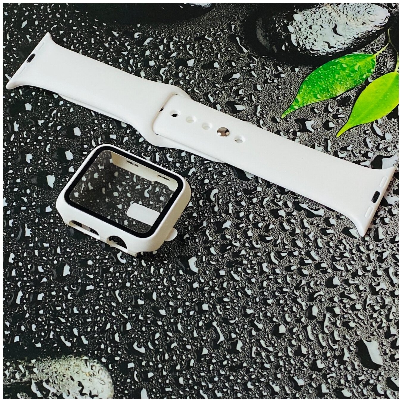 Чехол для Apple Watch 38mm со стеклом + силиконовый ремешок белый