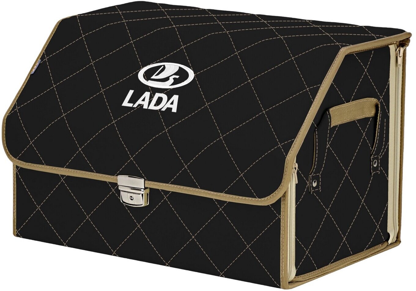 Органайзер-саквояж в багажник "Союз Премиум" (размер L). Цвет: черный с бежевой прострочкой Ромб и вышивкой LADA (лада).