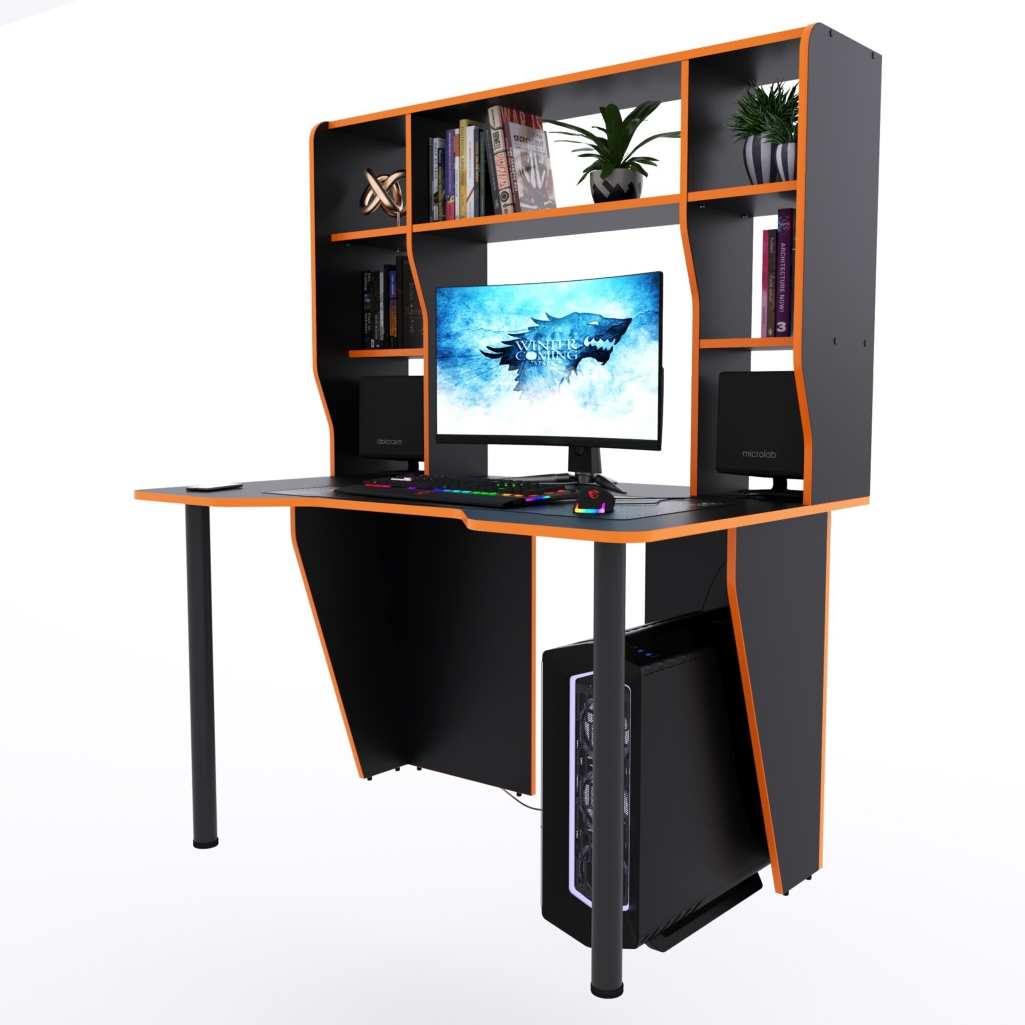 Компьютерный стол "Старк" с большой надстройкой, 120х90х152,6 см, чёрный с оранжевой кромкой