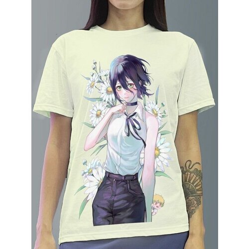 фото Футболка женская белая молочный оттенок из хлопка с dtf рисунком аниме chainsaw man - 1169 будь на стиле