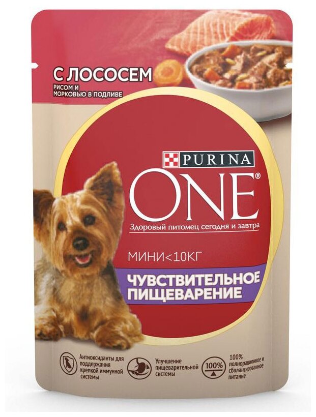 Пауч Purina Pro MINI для собак мелких пород, с чувствительным пищеварением с лососем, рисом и морковью в подливе 85г