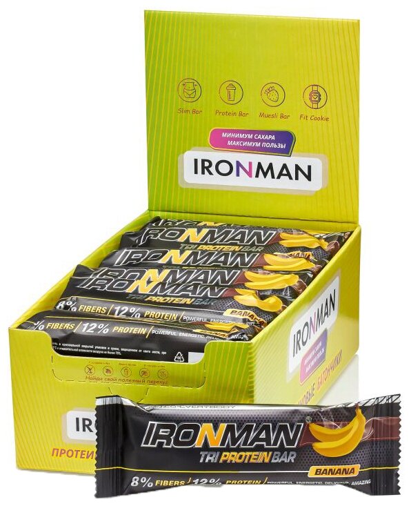 Россия "IRONMAN" Батончик (шоу-бокс 24 шт.) "TRI Protein Bar", 50 г (Банан/ тёмная глазурь)