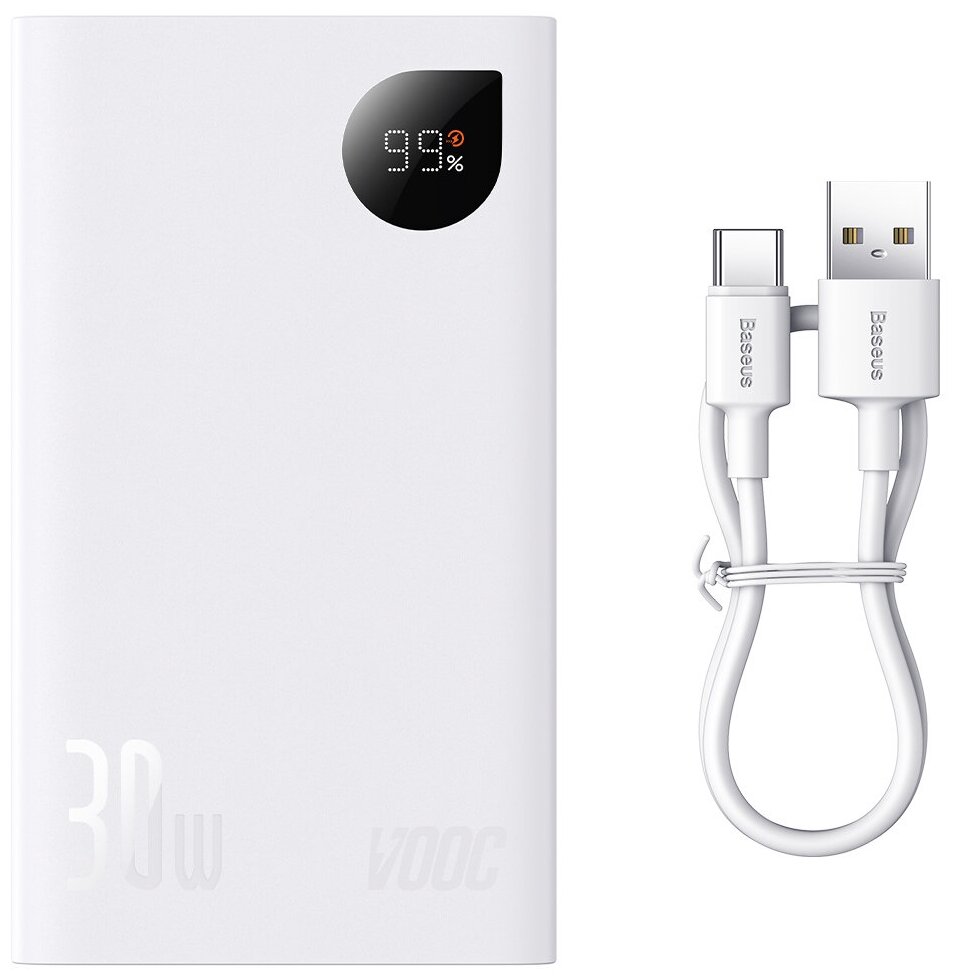 Внешний аккумулятор Baseus Adaman2 Display Fast Charge Power Bank 20000mAh 30W (VOOC Edition) с кабелем USB - Type-C 3A 0.3m Белый (PPAD050002)