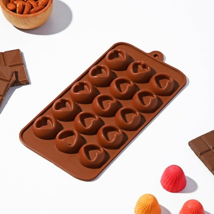Доляна Форма для шоколада Доляна «Сердце», силикон, 23,2×12×1 см, 15 ячеек (d=3,3 см), цвет коричневый