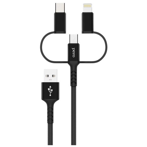 Кабель PERO, DC-06, 2.4А, 2м, Lightning/micro USB/Type-C, черный кабель плетеный usb type c прочный в оплетке 2м черный