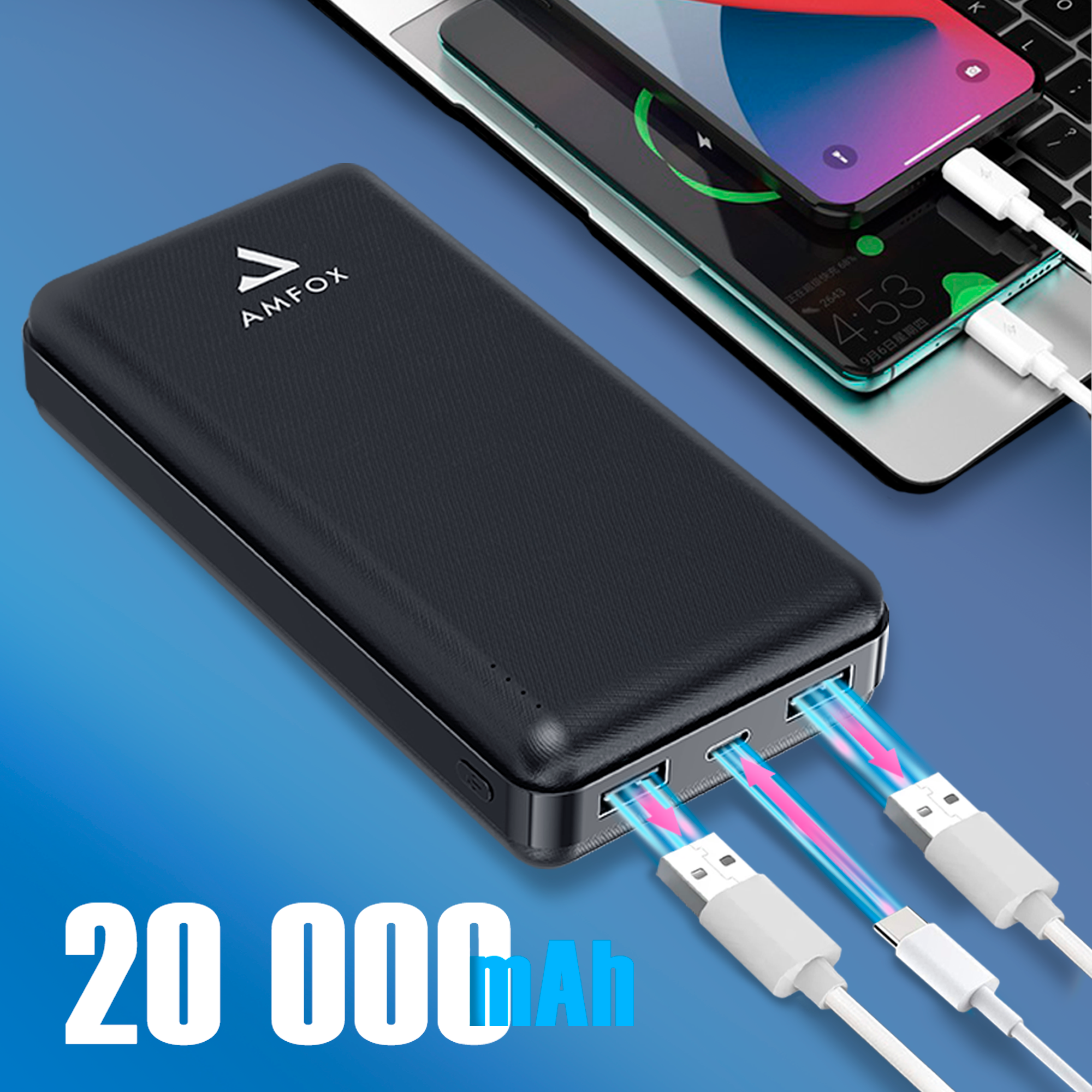 Портативный внешний аккумулятор 20000 mAh, WALKER, APB-520, черный / powerbank, power bank на телефон, повербанк, банка для заряда, повер банк