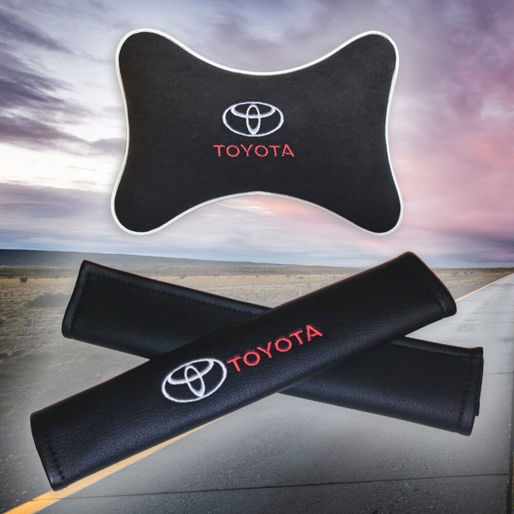 Подарочный набор автомобилиста из черного велюра для Toyota (тойота) (подушка под шею на подголовник и накладки на ремень безопасности)