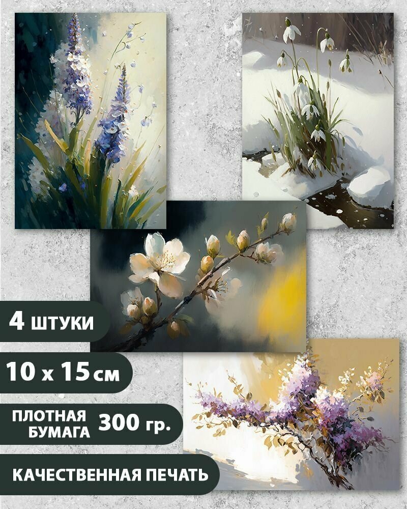 Набор открыток "Весенние цветы 6", 10.5 см х 15 см, 4 шт, InspirationTime, на подарок и в коллекцию