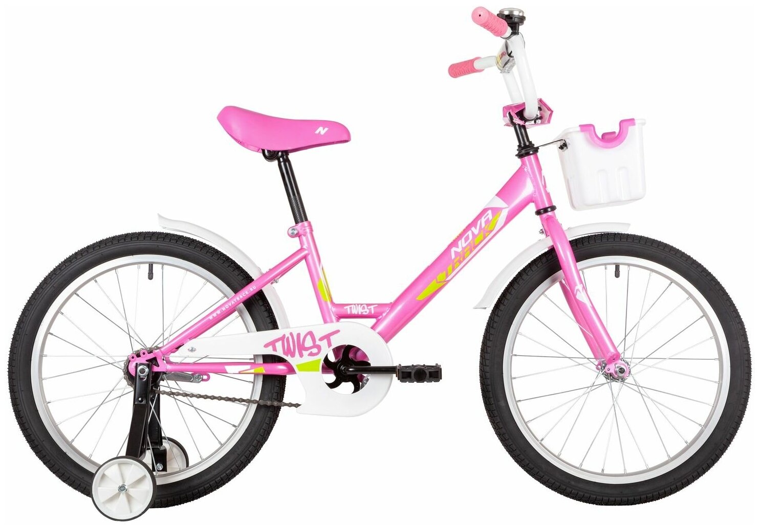 Детский велосипед Novatrack Twist 20 (2020) с корзиной розовый в собранном виде