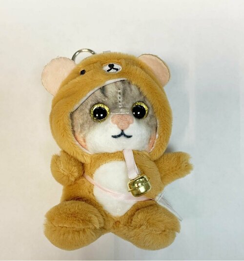 Мягкая игрушка-брелок Кот в костюме Мишки, плюшевый, коричневый, 12 см, в капюшоне, в кигуруми