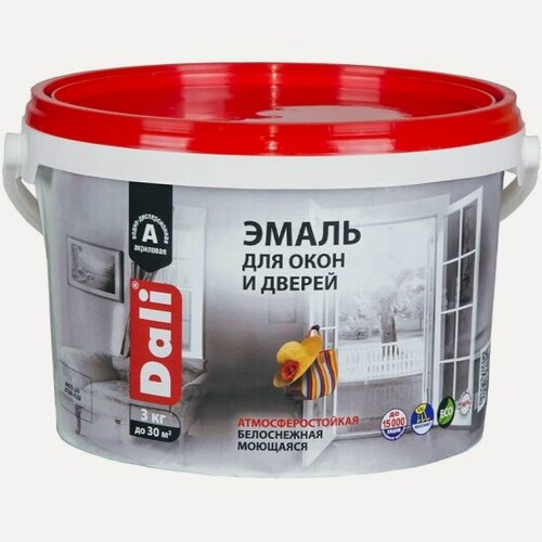 Изображение товара Эмаль для окон и дверей Dali , акриловая, полуматовая, база A, белая, 3 кг