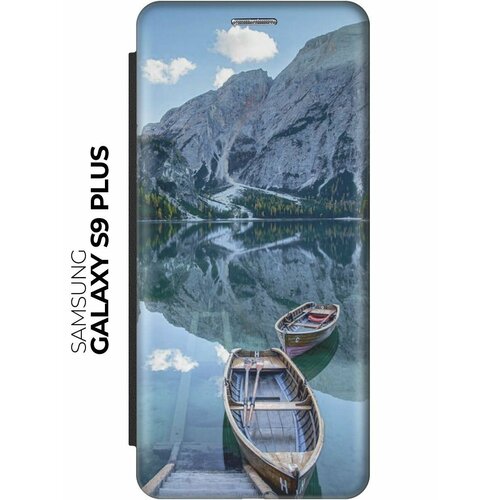 чехол книжка озеро в заснеженном лесу на samsung galaxy s9 самсунг с9 плюс черный Чехол-книжка Горы, озеро, лодка на Samsung Galaxy S9+ / Самсунг С9 Плюс черный