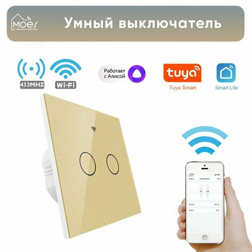 Умный сенсорный выключатель двухкнопочный Moes Wi-Fi+RF с Алисой