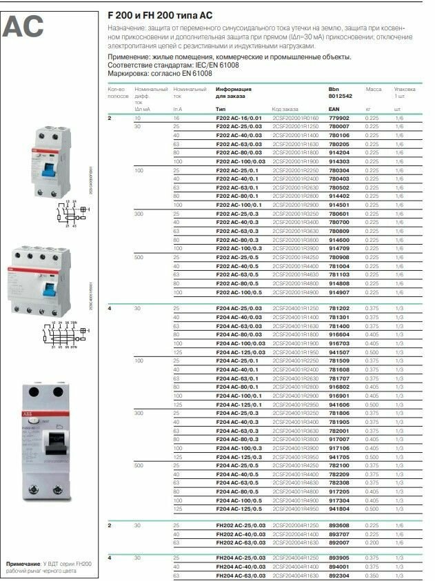 F204 AC-63/0,03 2CSF204001R1630 Выключатель дифференциального тока четырехполюсный 63A 30мА (тип АС) ABB - фото №19