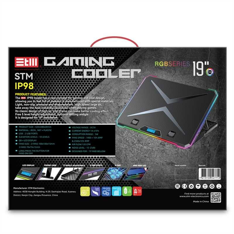 Регулируемая подставка для игровых ноутбуков, 6 вентиляторов, RGB LED подсветка, 10 углов наклона, держатель для смартфона, 2 USB , для экрана 13"-19" — фото 13