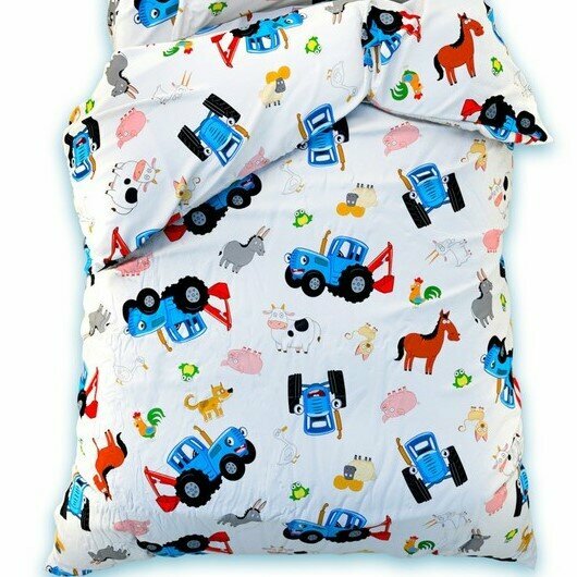 фото Простыня Поплин 150х214 Синий Трактор