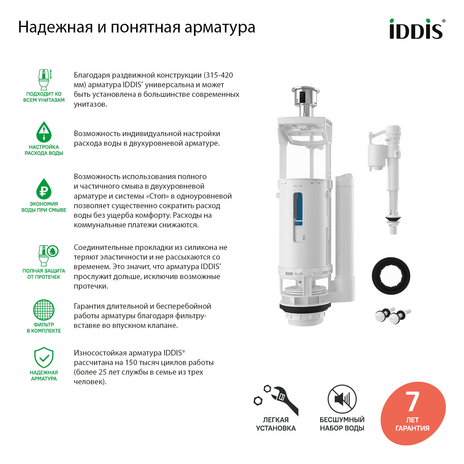 Арматура смывная IDDIS F012400-01K 2-ур, нижний подвод, тип А