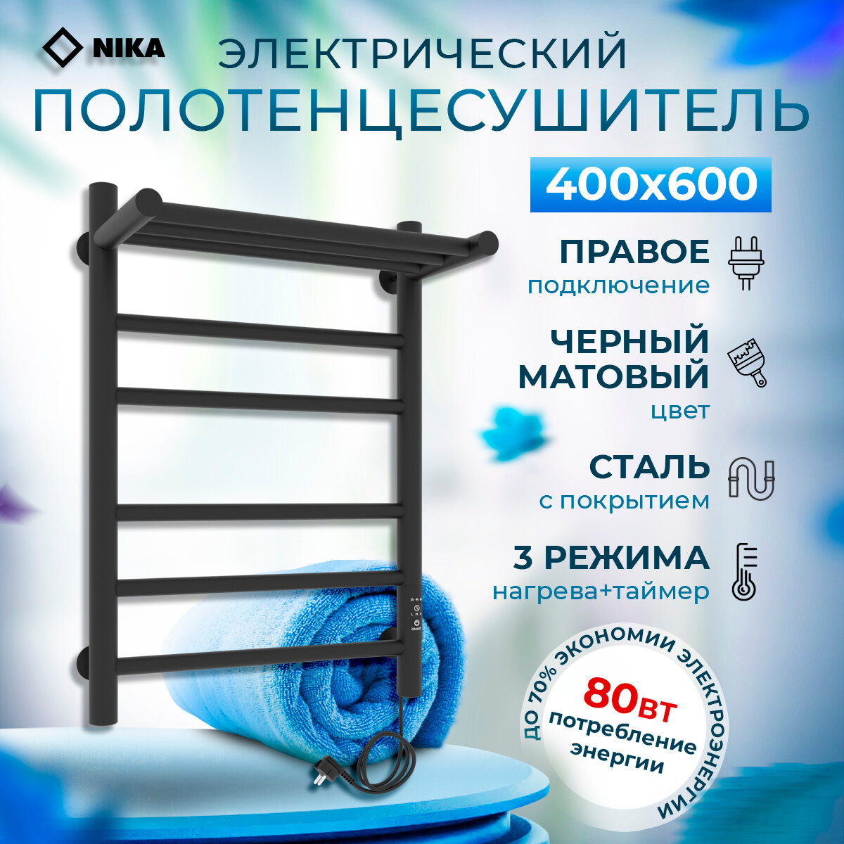 фото Полотенцесушитель электрический НИКА WAY-2 400х600 с полкой черный матовый правое подключение с терморегулятором и таймером