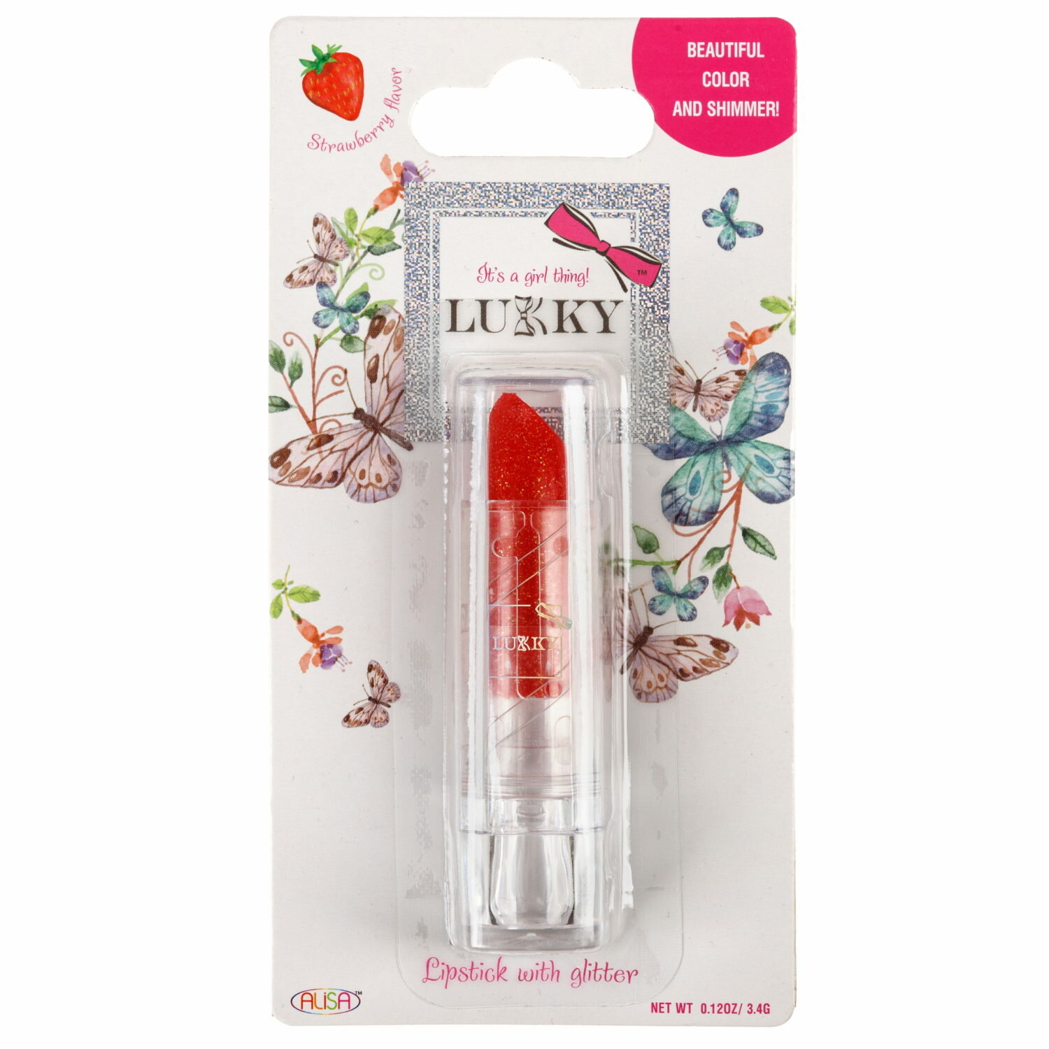 фото Lukky помада для губ с блёстками, с ароматом клубники, цвет красный, блист.-А