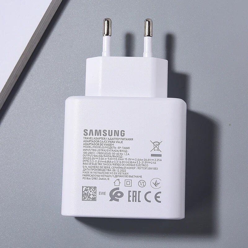 Зарядное устройство Samsung 45 Вт, супер быстрая зарядка, адаптер стандарта ЕС 1/1, 8 м, кабель типа C для Galaxy S23, S24, S22, S21, S20 Ultra Tab S9Plus, F55, Black EU 1m cable — фото 1