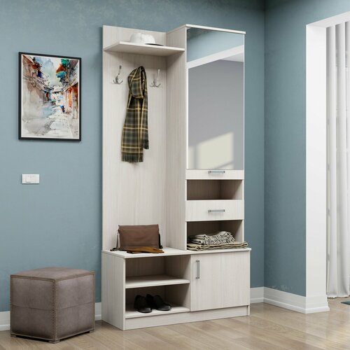 Прихожая София-1 от Астрид-Мебель, с зеркалом, обувницей, шкафом, ящиком и вешалкой, 100x210x43 см. Анкор белый