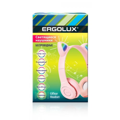 Наушники беспроводные накладные Ушки розовые светящиеся FM MP3 микрофон ELX-BTHP02-C14 ERGOLUX 1480 1081₽