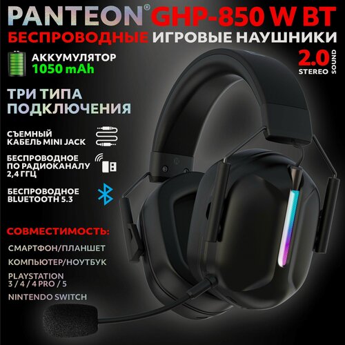 Изображение товара Наушники PANTEON GHP-850 W BT Black, игровые, беспроводные, с LED-подсветкой
