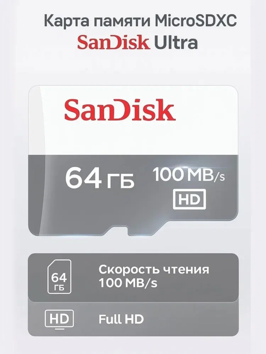 Карта памяти microSDXC 64 Gb SanDisk Ultra Class 10, UHS-I, R 100 Мб/с, без адаптера