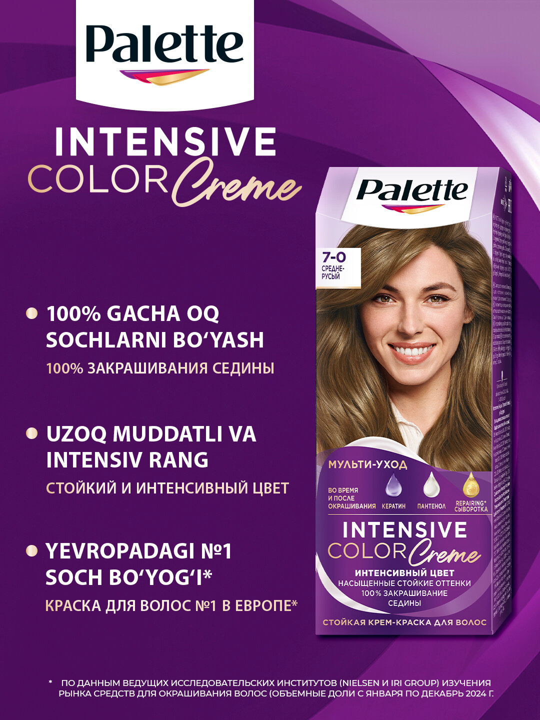 Palette Intensive Color Cream 7-0 Средне-русый, стойкая крем-краска, интенсивный цвет, 100% мульти-уход, 110 мл