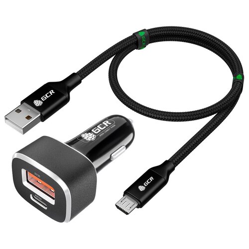 GCR Комплект автомобильное зарядное устройство на 2 USB порта QC3.0 + PD18W [TypeA + TypeC] + кабель 1.0m MicroUSB, черный gcr комплект сетевое зарядное устройство 36w на 2 usb порта qc3 0 pd18w [typea typec] кабель typec lightning 1 0m