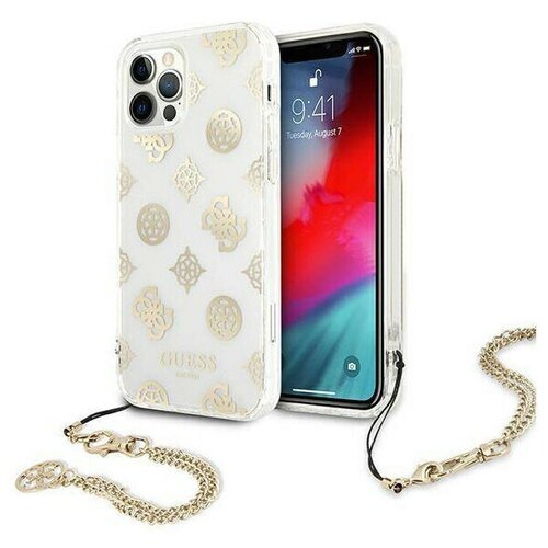 фото Чехол cg mobile guess pc/tpu peony hard + gold hand chain для iphone 12 pro max, цвет прозрачный/золотая цепь (guhcp12lkspego)