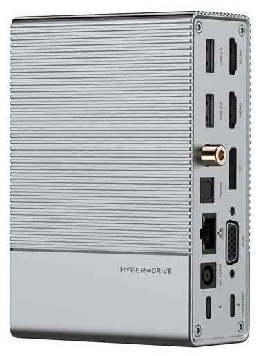 Док-станция Hyper HyperDrive GEN2 18-in-1, 2xHDMI, DP, VGA, 2xUSB 3.0, 3xUSB 2.0, USB Type-С, USB Type-С PD (100W), Toslink, Coaxial, 3.5mm Jack, GLAN, MicroSD/SD, 180W, серебристый (HD-G218)