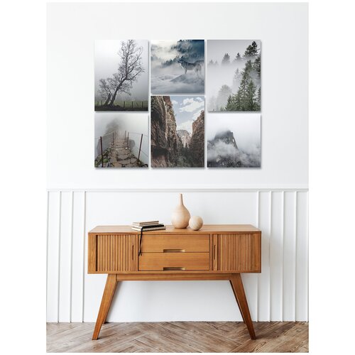 Большая модульная картина на холсте для интерьера на стену, в спальню, в комнату, в гостиную, в прихожую Горный пейзаж, лес, туман, волки, декор в дом