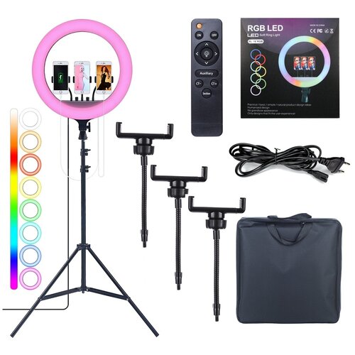 Кольцевая лампа 45 см RGB усиленный штатив 2 м пульт 3 держателя для телефона Селфи кольцо LED Soft Ring Light RL-18 RGB 380000₽