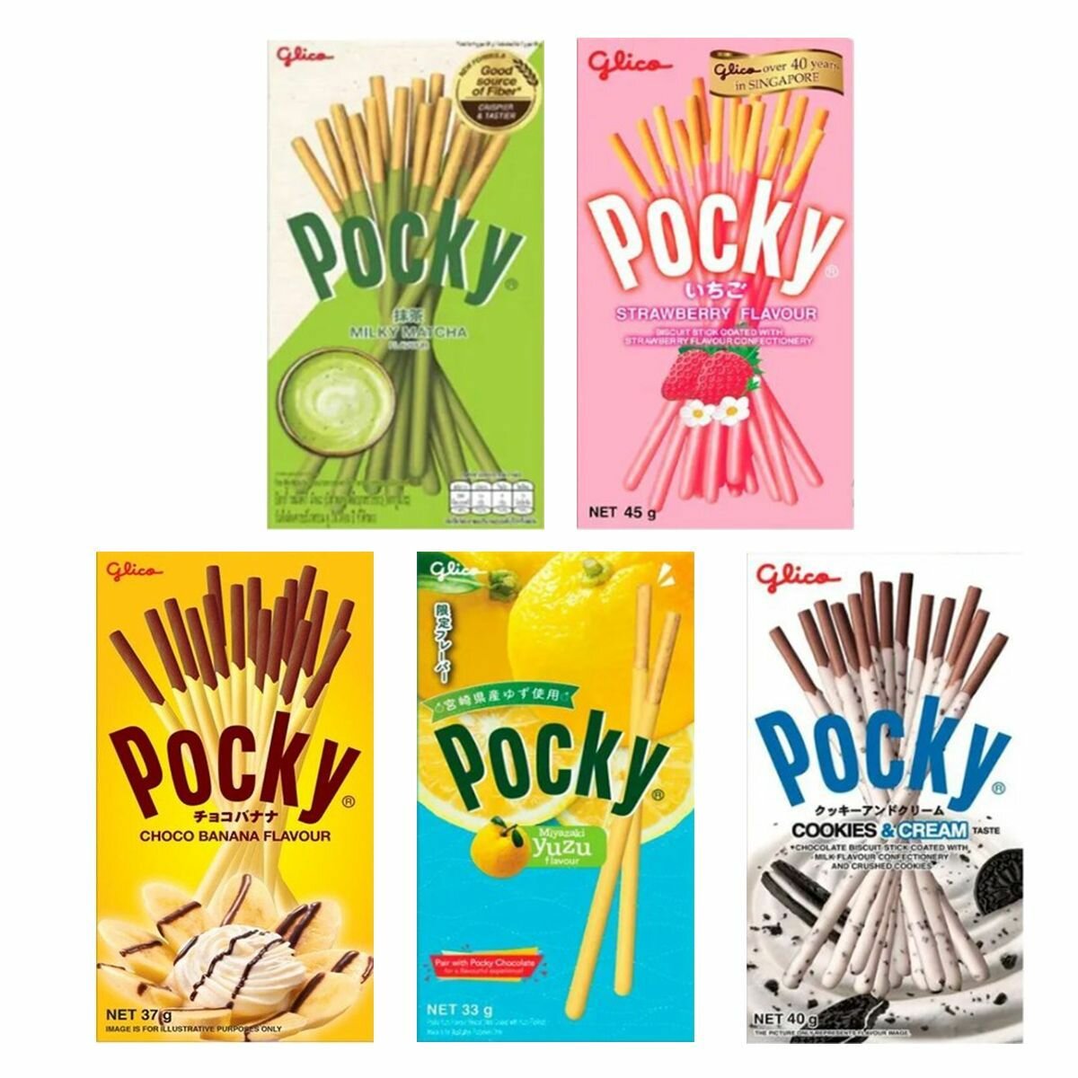 Японские палочки Pocky поки со вкусом Юдзу, Шоколада и банана, Клубники, Зеленого чая и сливок, Печенья и крема, 5 шт.